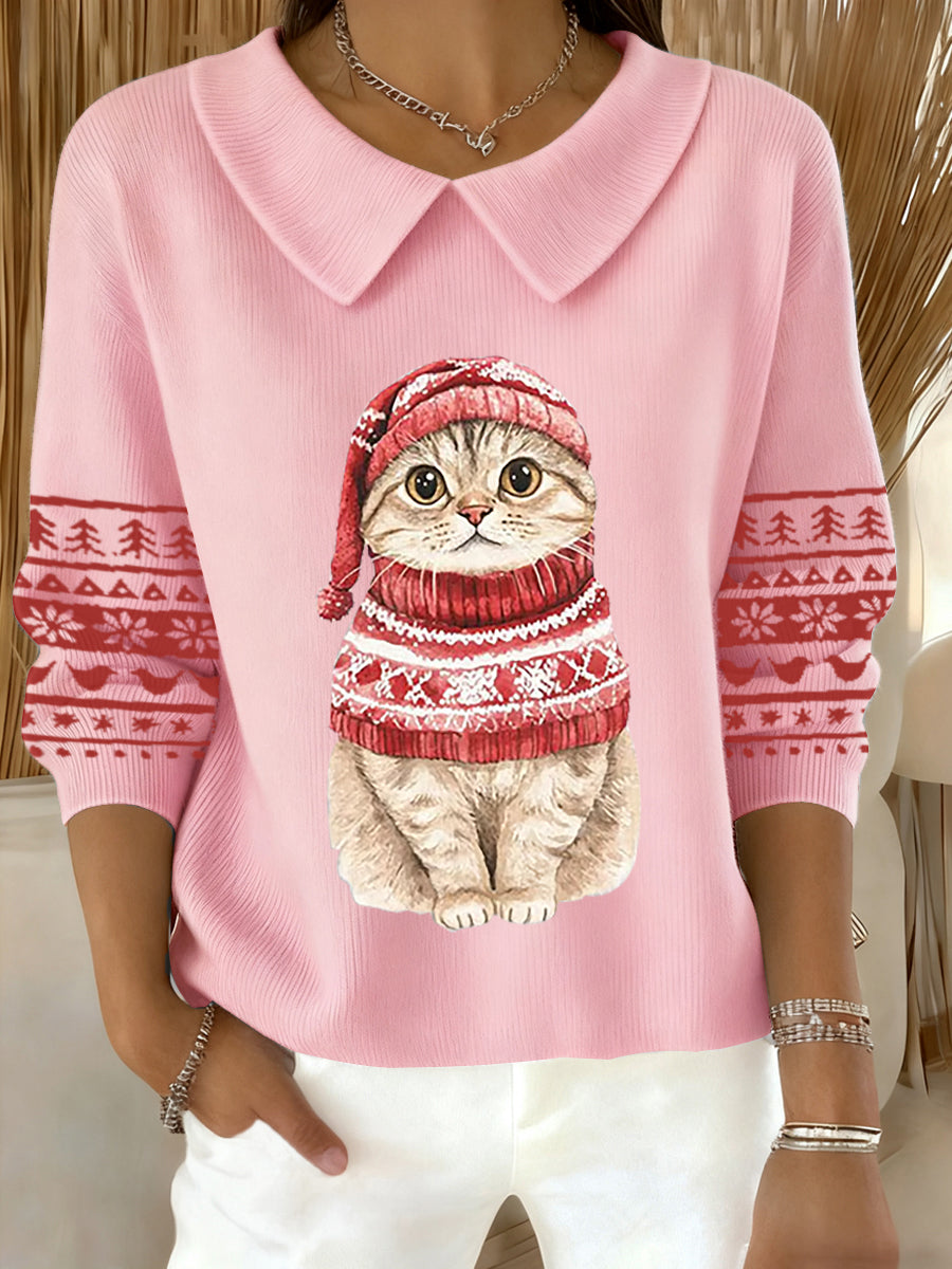 Women's Cute Christmas Cat Print Cat Lovers Casual Baby Doll Collar Top