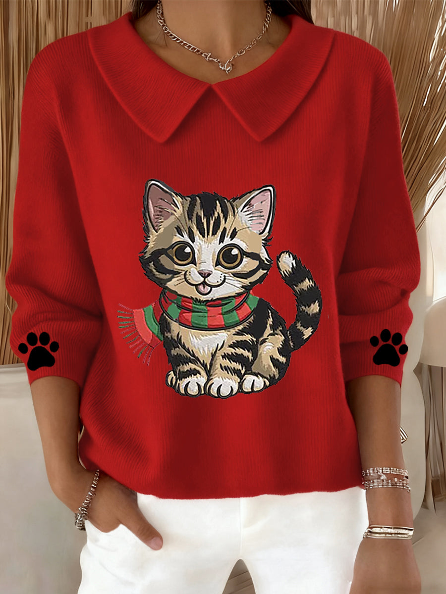 Women's Cute Cat Print Cat Lovers Casual Baby Doll Collar Top