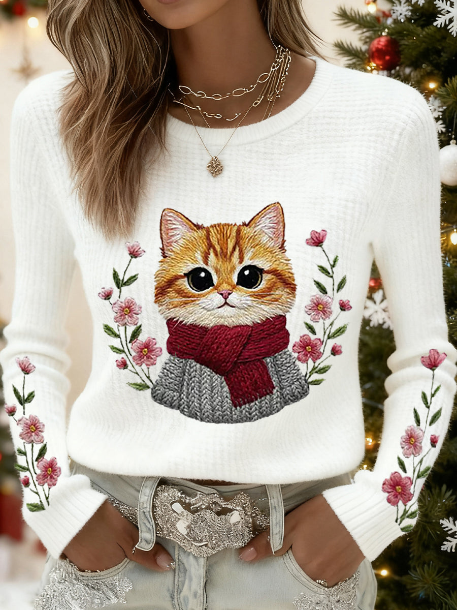 Women's Cute Cat Print Cat Lovers Casual Long Sleeve Waffle Top