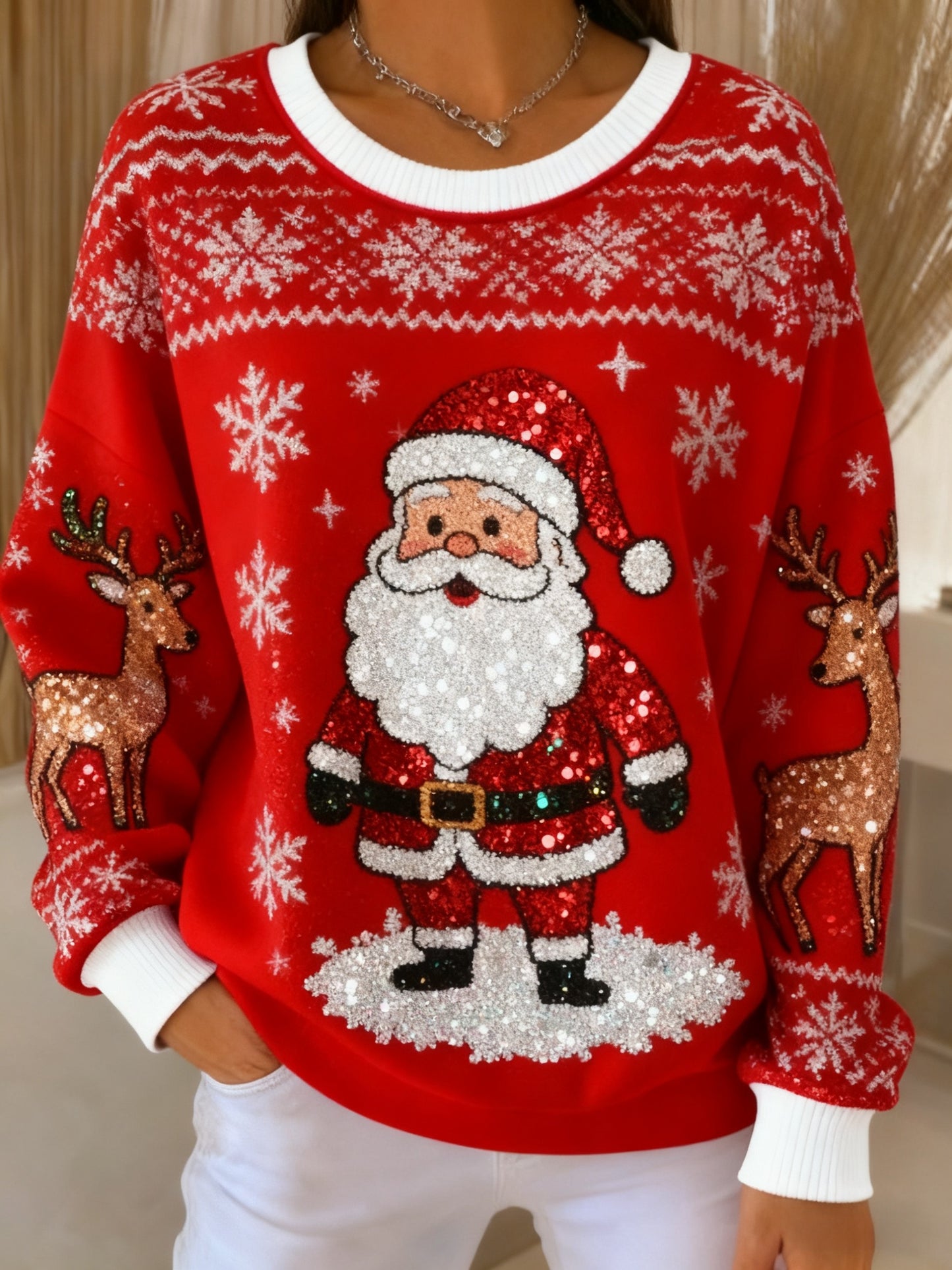 Retro Christmas Glitter Santa Claus Printed Casual Loose Long Sleeve Top