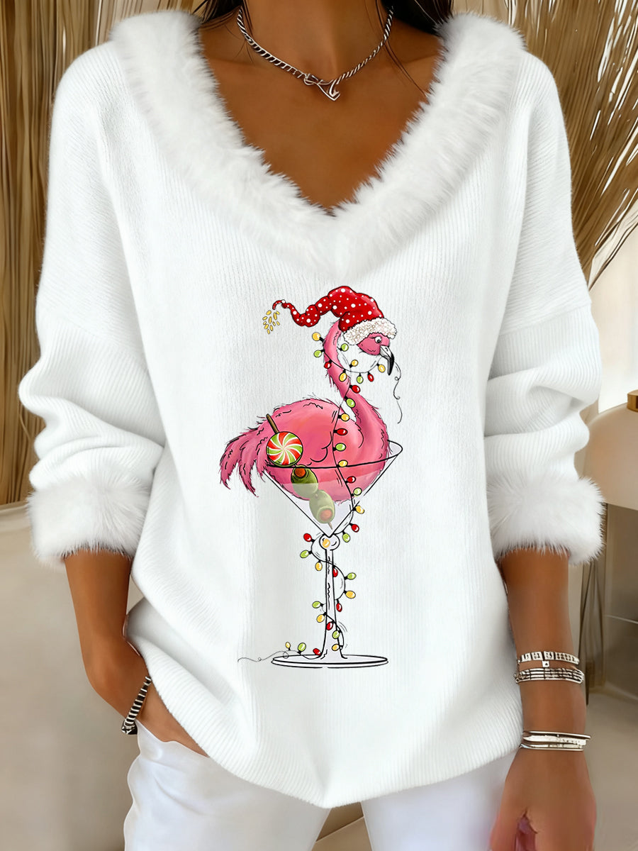 Women's Christmas Flamingo Cocktail Glass Print Casual Fur Collar V-Neck Top