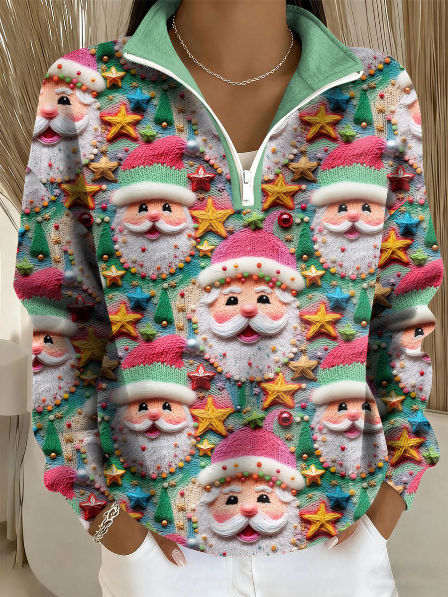 Women's Santa Print Casual Zip-Up Top
