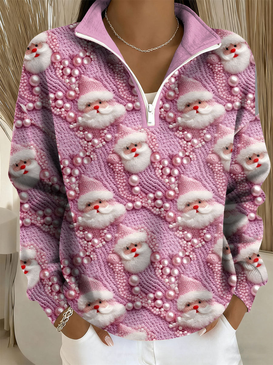 Women's Santa Print Casual Zip-Up Top