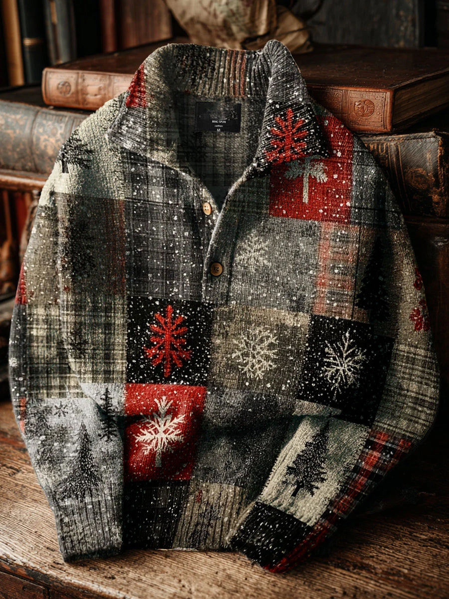 Men's Vintage Christmas Patchwork Art Print Button Stand Collar Hoodie