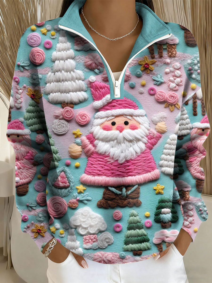 Women's Santa Print Casual Zip-Up Top