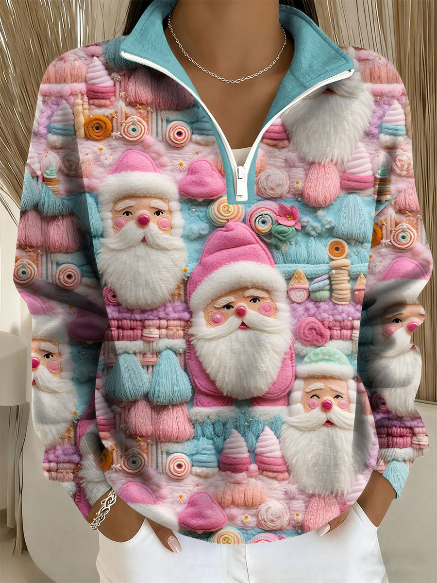 Women's Santa Print Casual Zip-Up Top