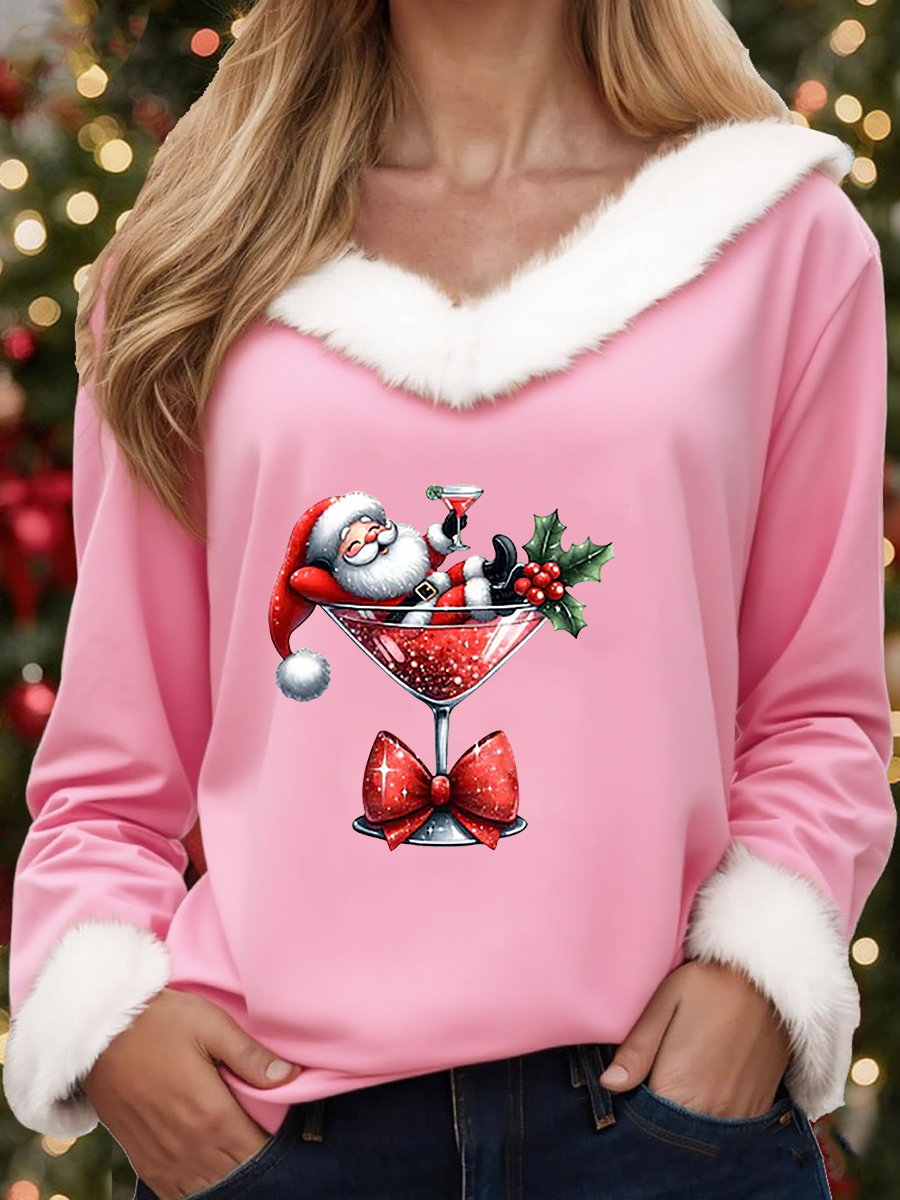 Women's Santa Claus sitting on a wine glass Printed Tops