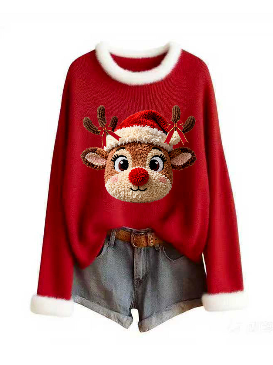 Women's Christmas Vintage Animal Floral Art Casual Knit Top
