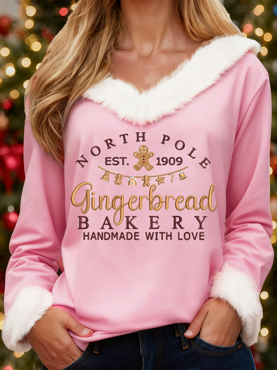 Women's Vintage Christmas North Pole Gingerbread Print Casual Fur-Collar Top