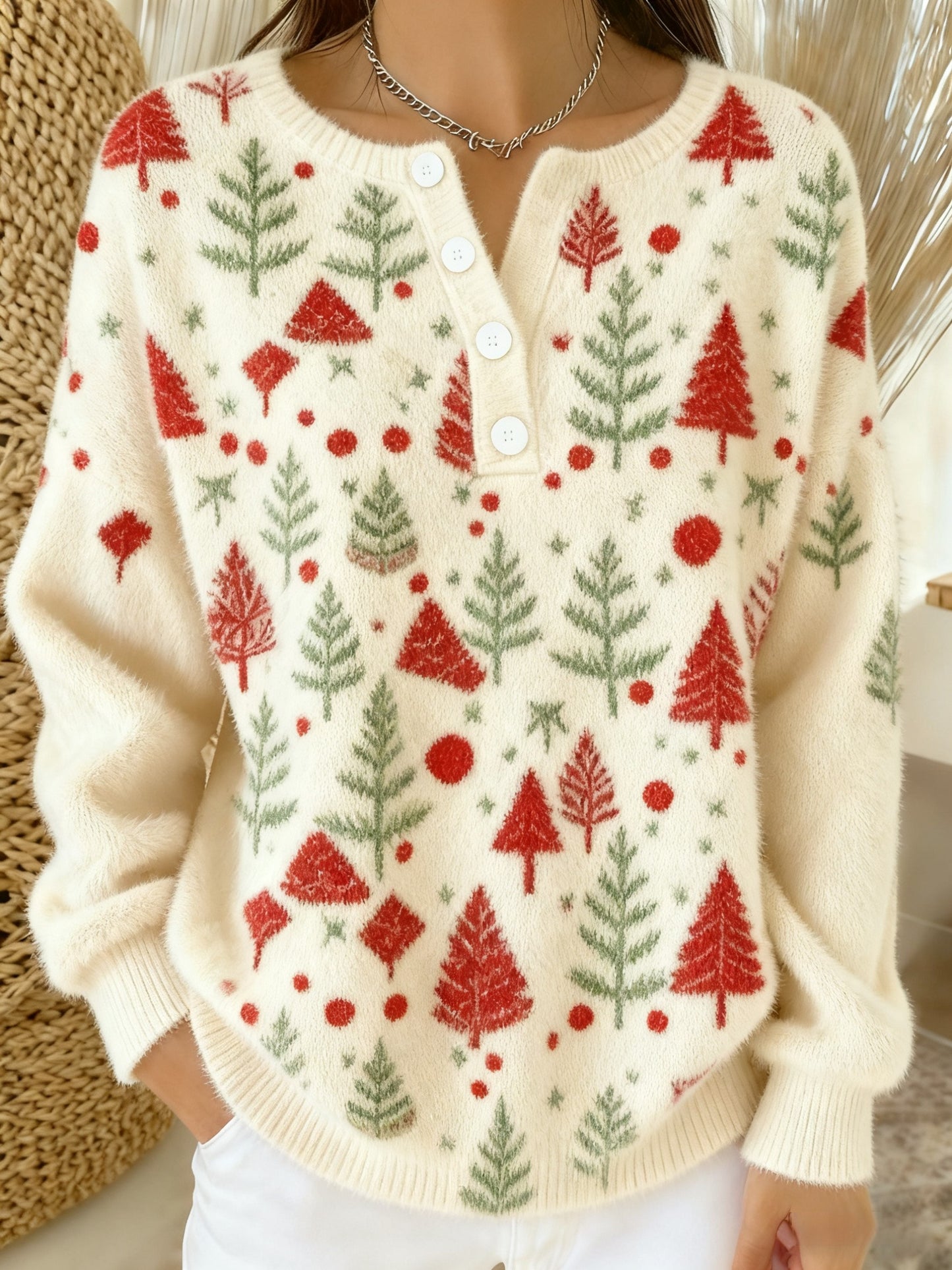 Women's Vintage Christmas Tree Art Print Long-sleeve Sweater