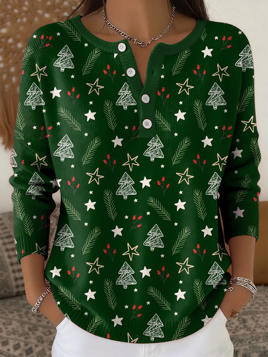 Women's Vintage Christmas Tree Art Print Long-sleeve Sweater