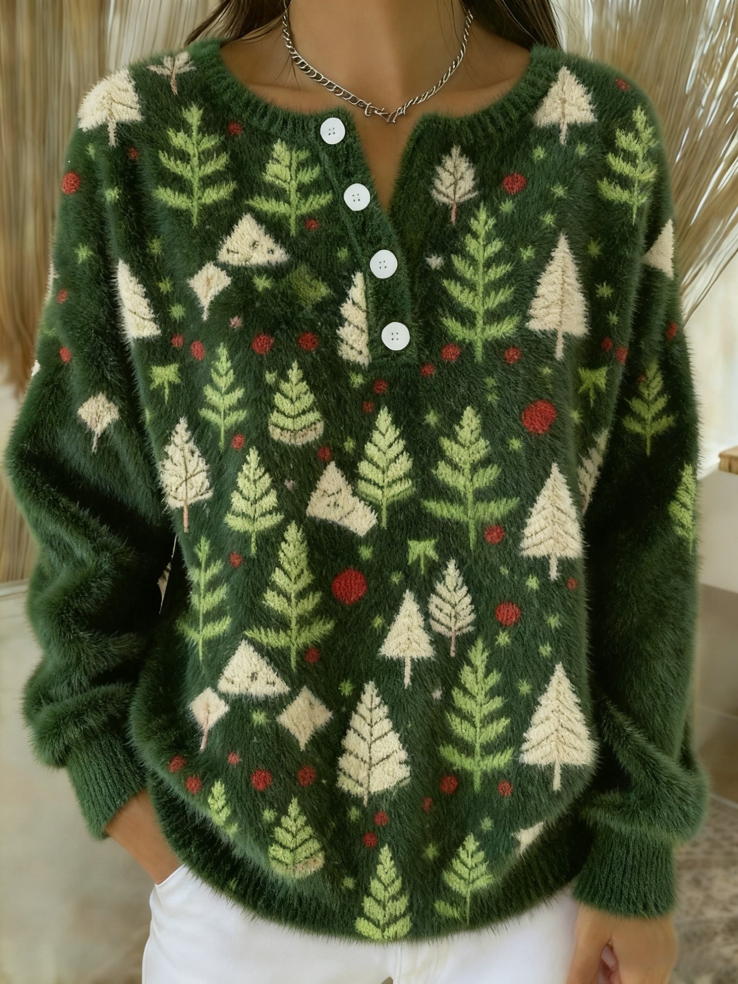 Women's Vintage Christmas Tree Art Print Long-sleeve Sweater