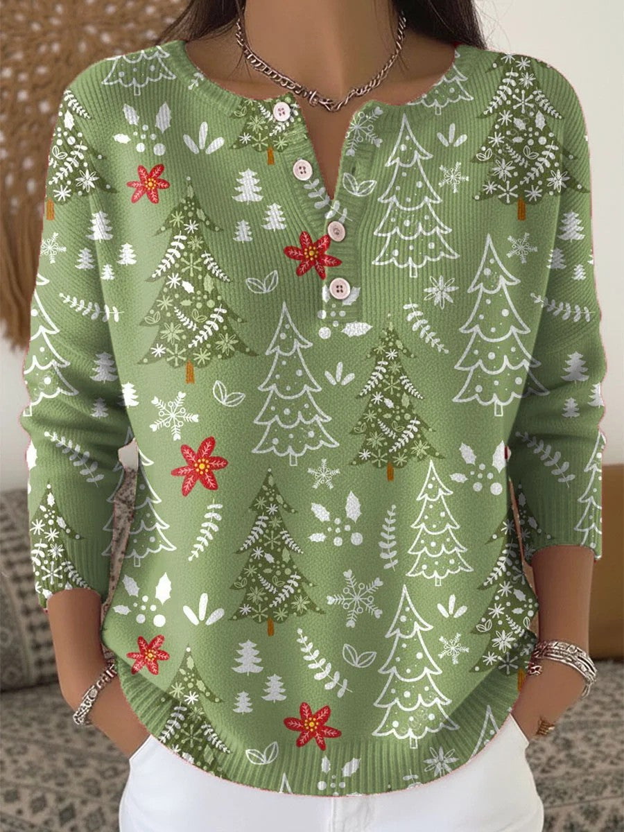 Women's Vintage Christmas Tree Art Print Long-sleeve Sweater