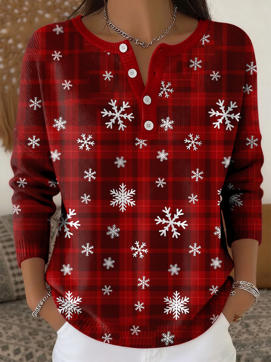 Women's Retro Christmas Snowflake Tartan Gradient Print Long-sleeve Sweater