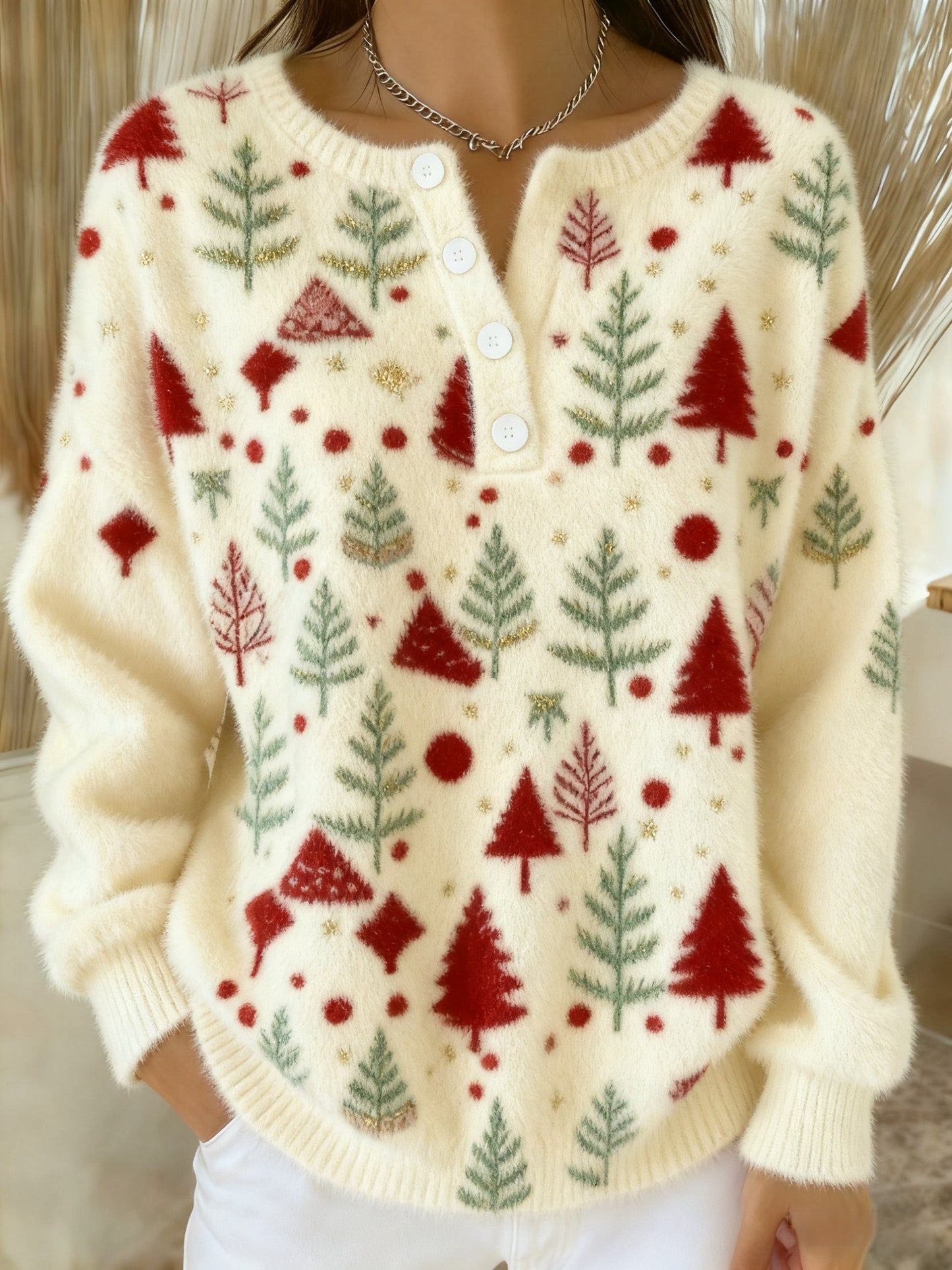 Women's Vintage Christmas Tree Art Print Long-sleeve Sweater