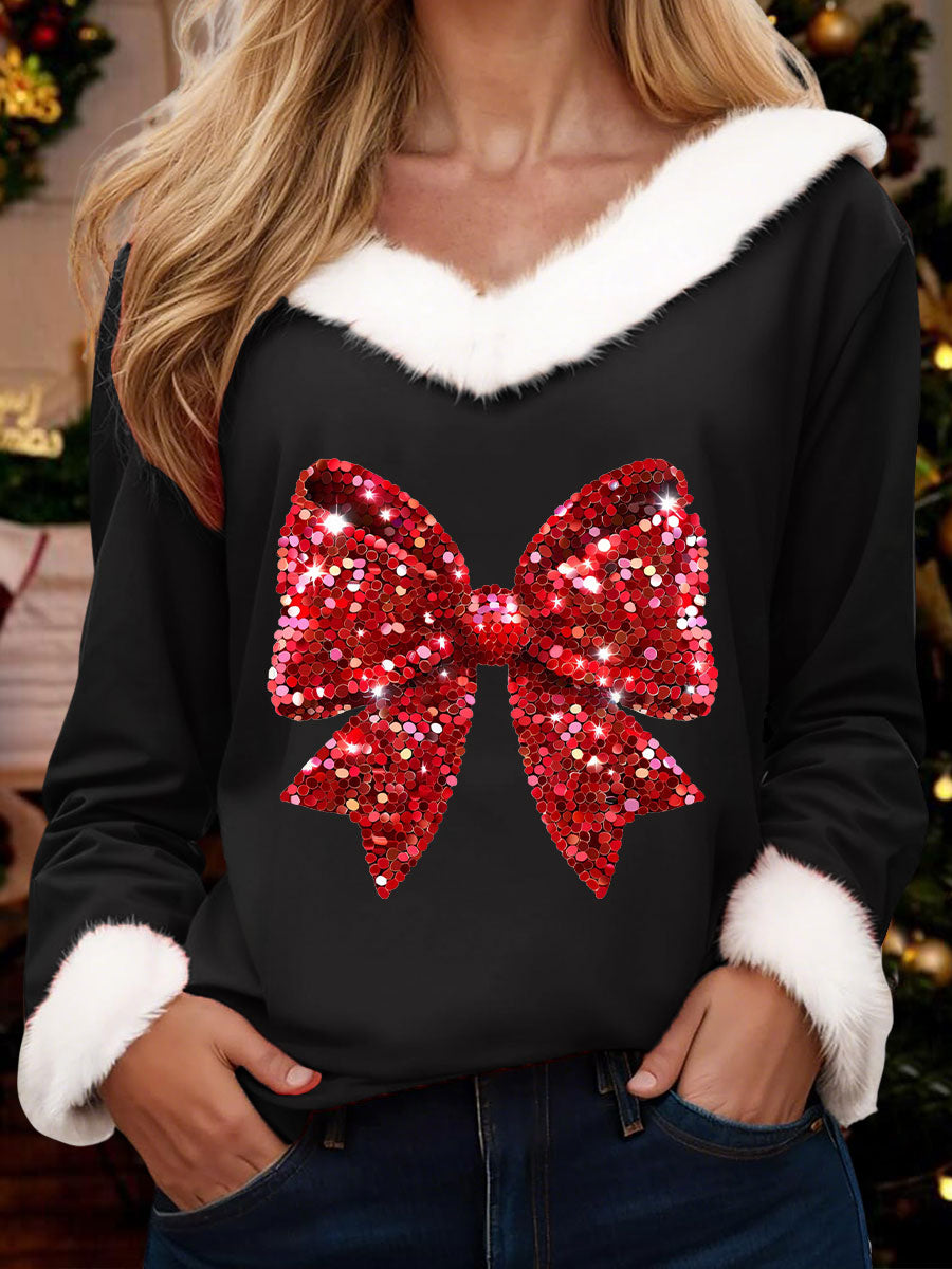 Women's Christmas Bow V-neck Tops