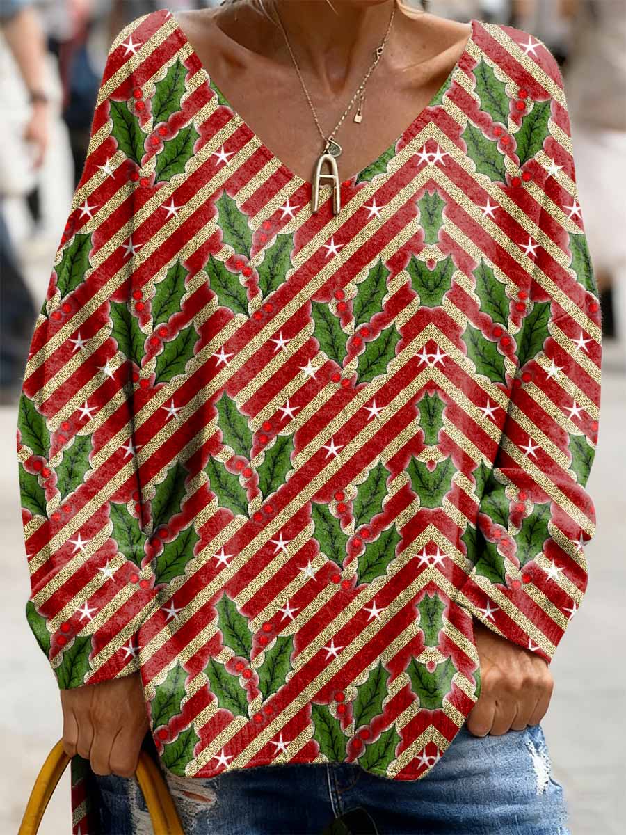 Retro Christmas Print Casual Long Sleeved Top