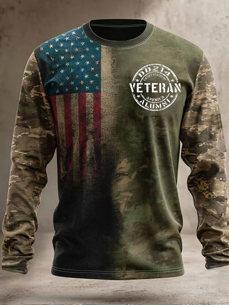 Men's Retro Veteran USA Flag Camouflage Print Casual Long-Sleeve T-Shirt