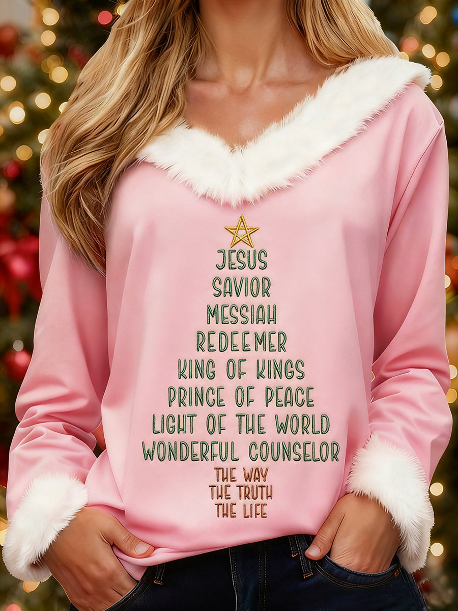 Women's Jesus Savior Christmas Tree Print Casual Fur-Collar Top