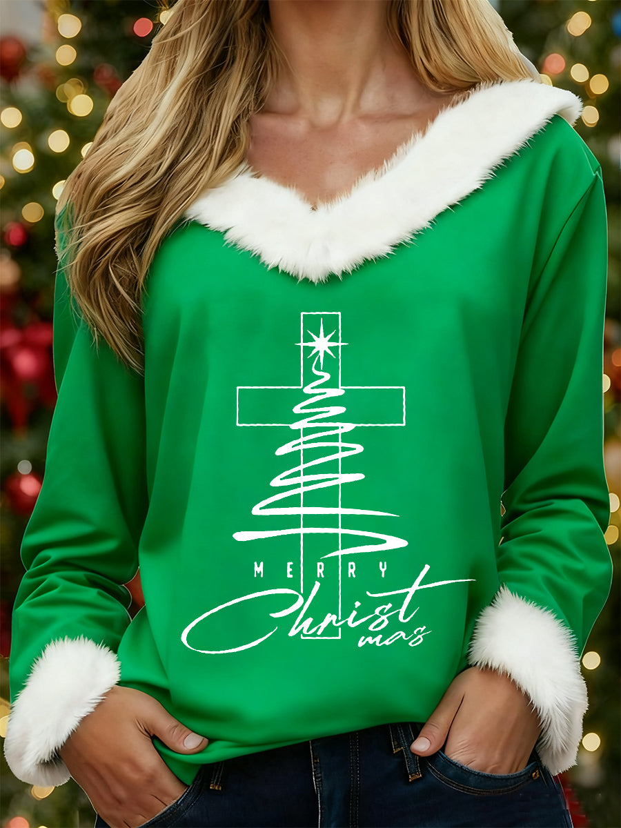 Women's Merry Christmas Jesus Christmas Tree Cross Print Casual Fur-Collar Top