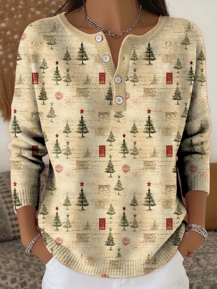 Women's Retro Christmas Tree Art Print Long-sleeve Sweater