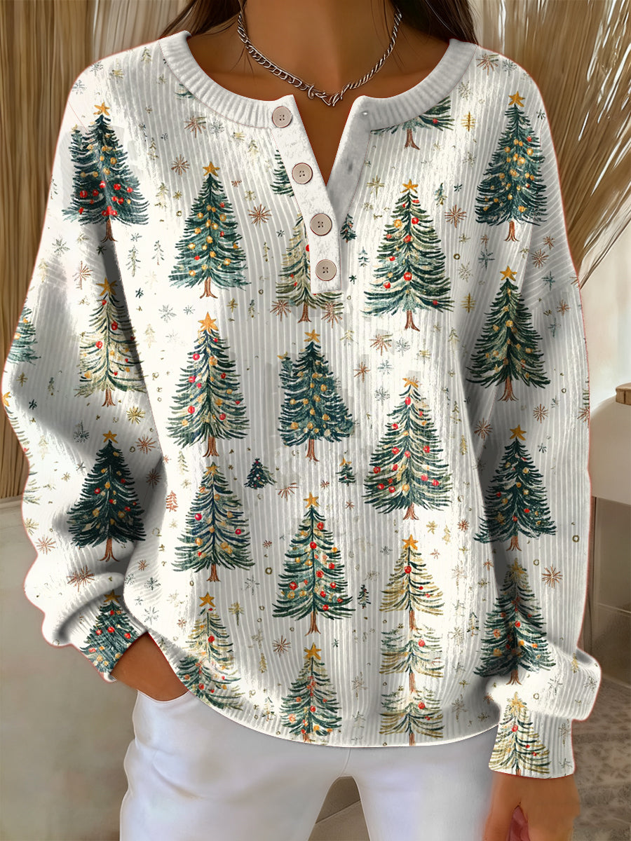 Women's Retro Christmas Tree Art Print Long-sleeve Sweater