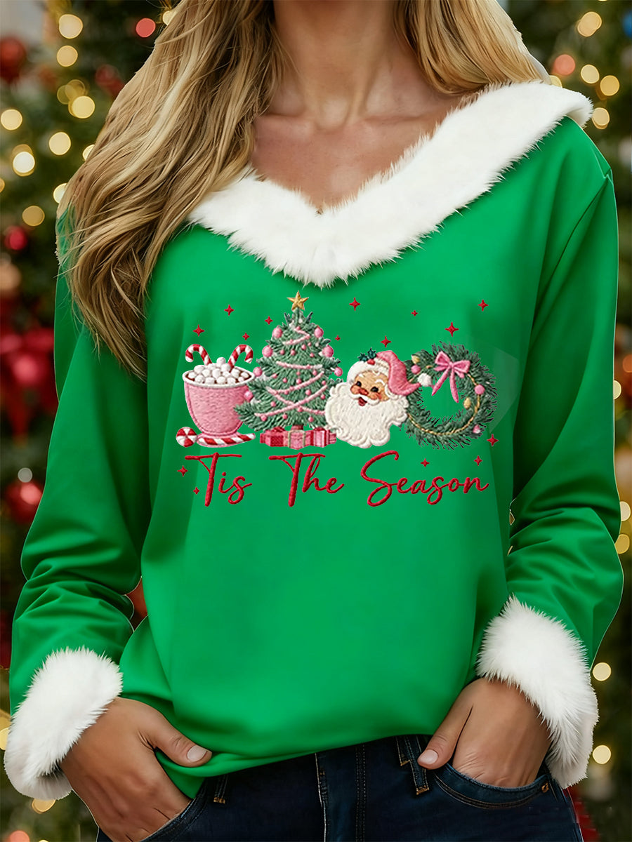 Women's Merry Christmas Christmas Santa Claus Print Casual Fur-Collar Top