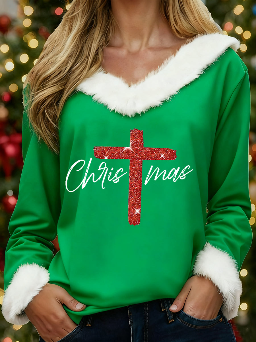 Women's Merry Christmas Christmas Cross Print Casual Fur-Collar Top
