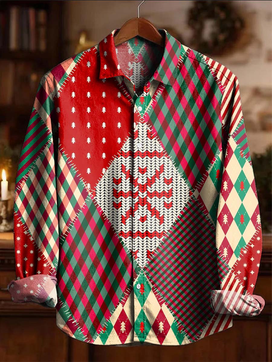 Christmas Patchwork Print Casual Long-Sleeve Shirt
