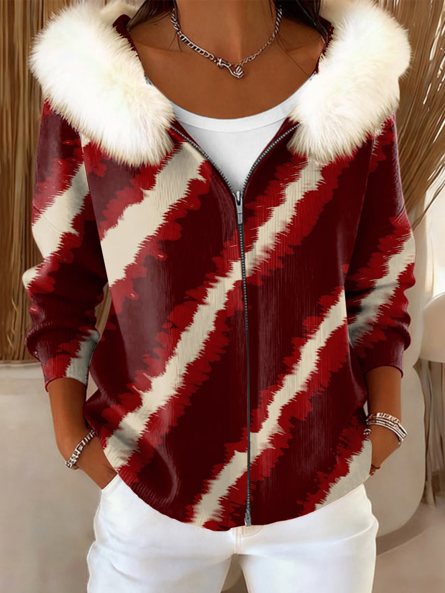 Women's Christmas Striped Fur-Trimmed Hooded Jacket