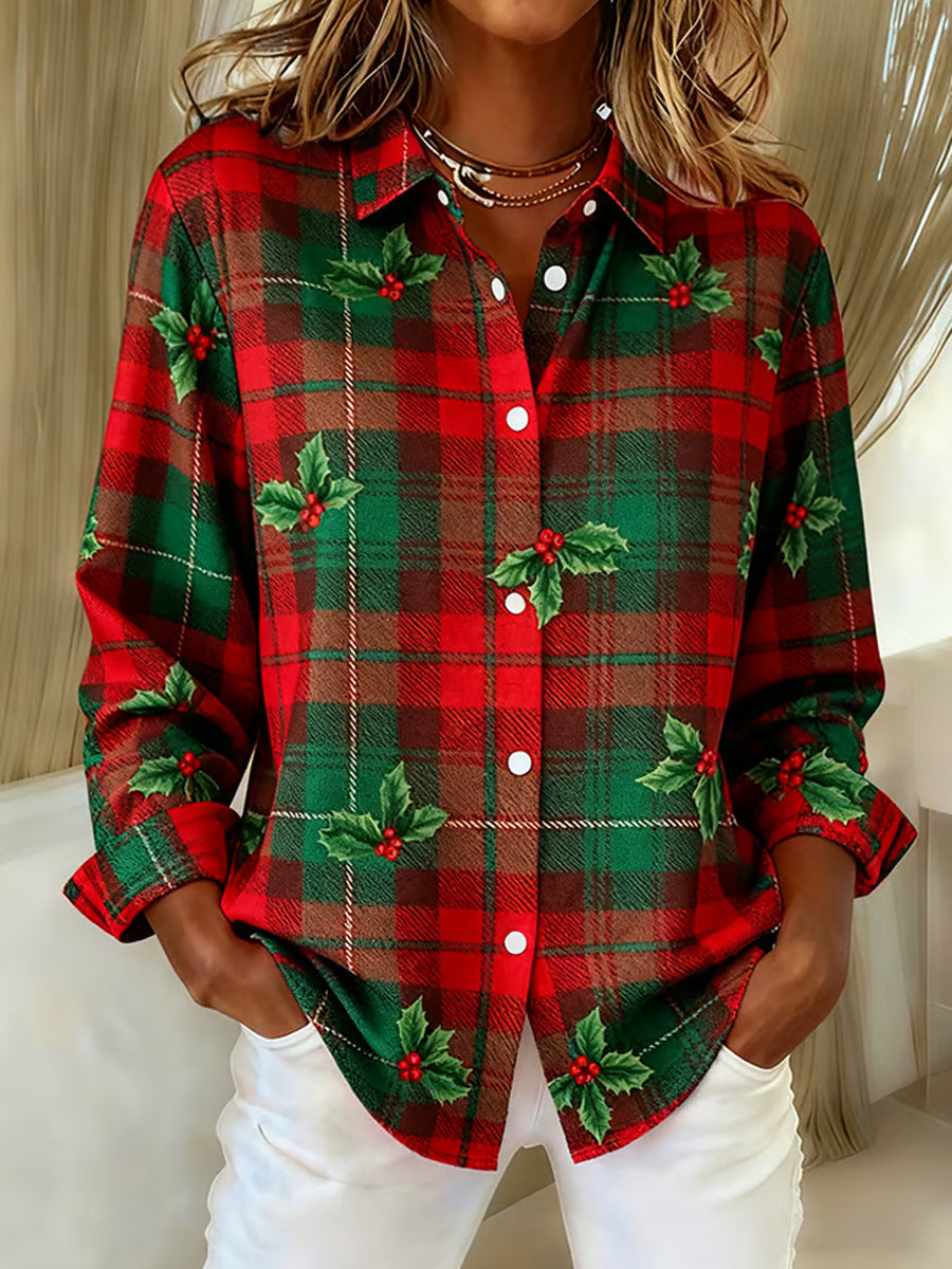 Women's Christmas Plaid Print Casual Long-Sleeve Shirt