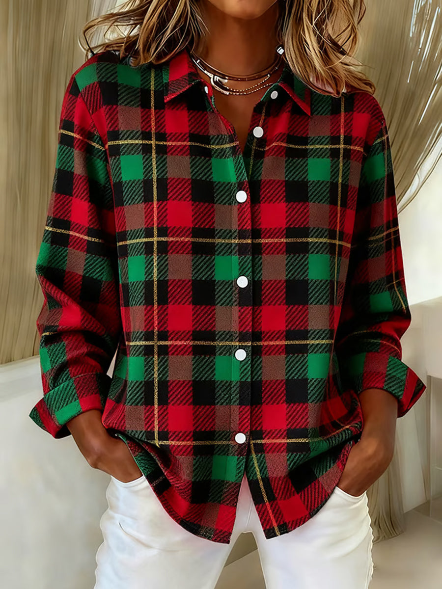 Women's Christmas Plaid Print Casual Long-Sleeve Shirt
