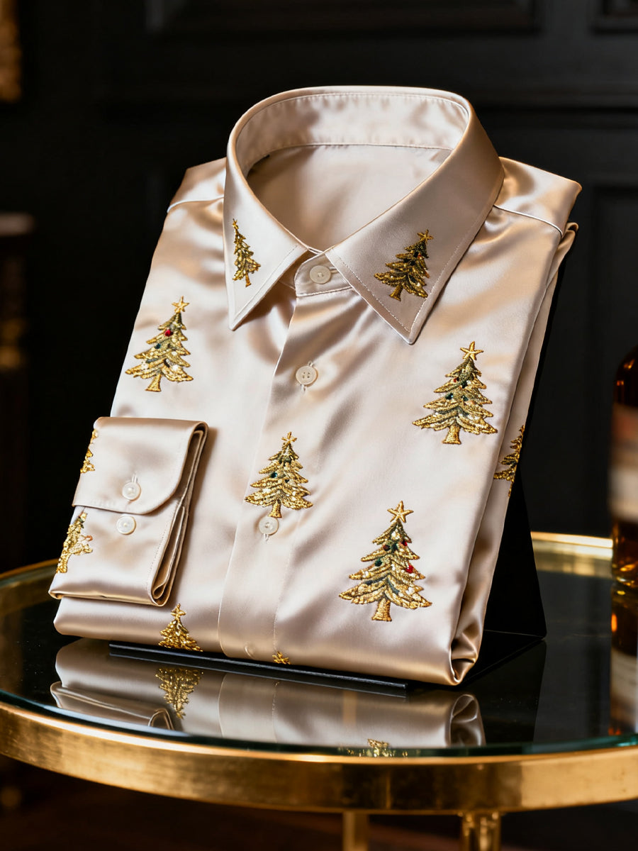 Vintage Christmas Tree Business Satin Long-Sleeve Shirt