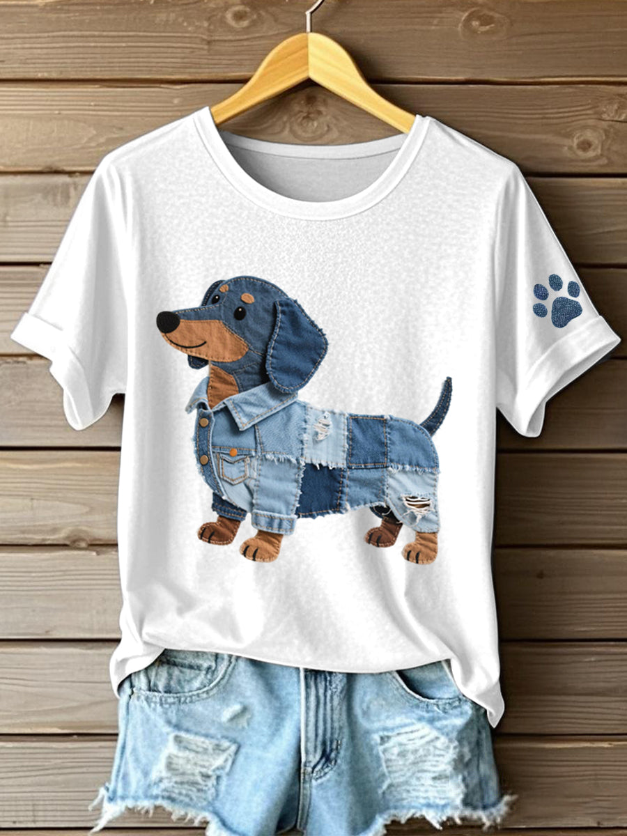 Women's Denim Patchwork Art Dachshund Pattern T-Shirt