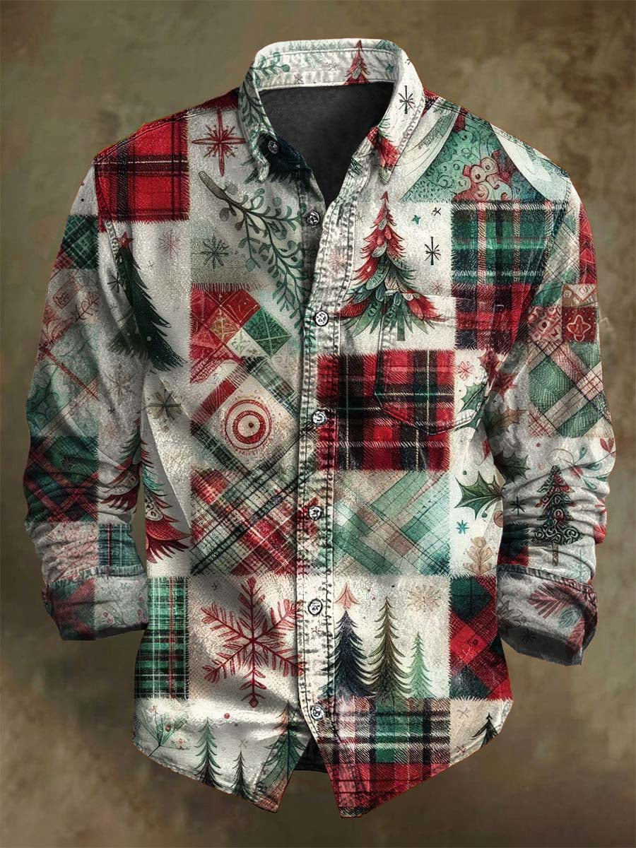Vintage-inspired Christmas Patchwork Print Casual Long-Sleeve Shirt