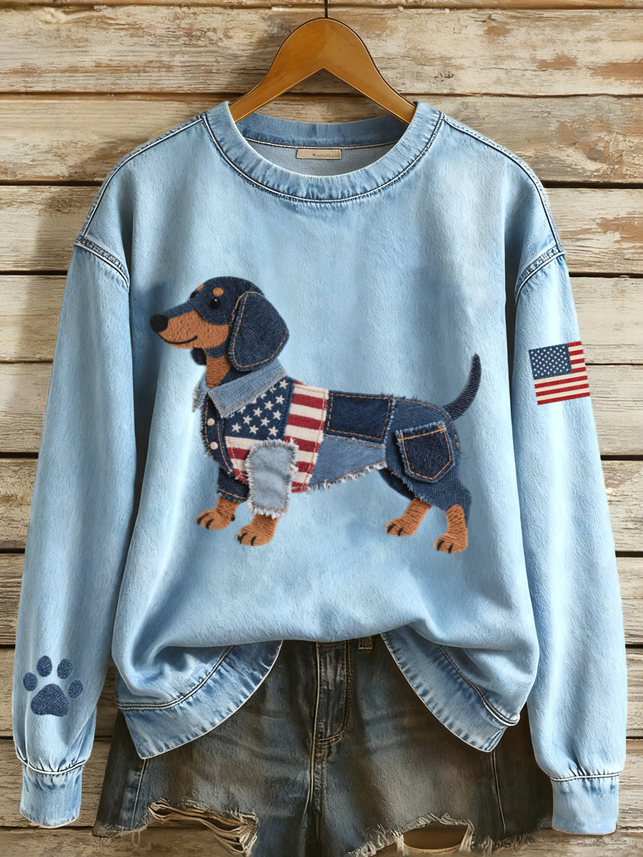 Women's American Flag Inspired Dachshund Dog Denim Patchwork Pattern Sweatshirt