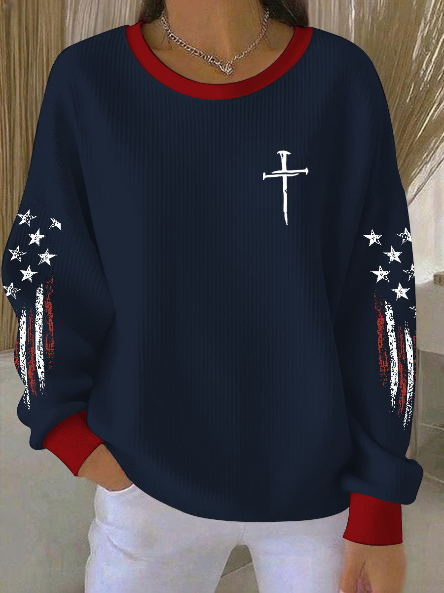 Women's Women's Christian Cross Ribbed Round-Neck Sweatshirt