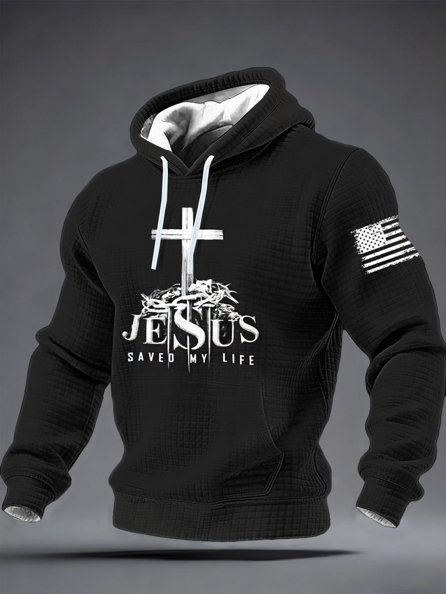 Men's Jesus Saved My Life Checkered Cotton Hoodie