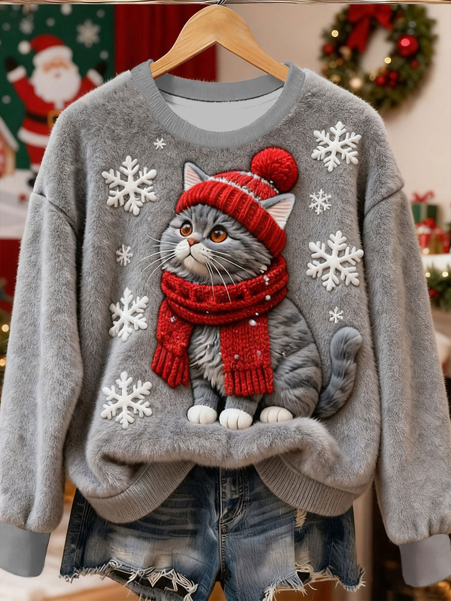 Women's Cute Christmas Cat Art Print Casual Flannel Sweatshirt