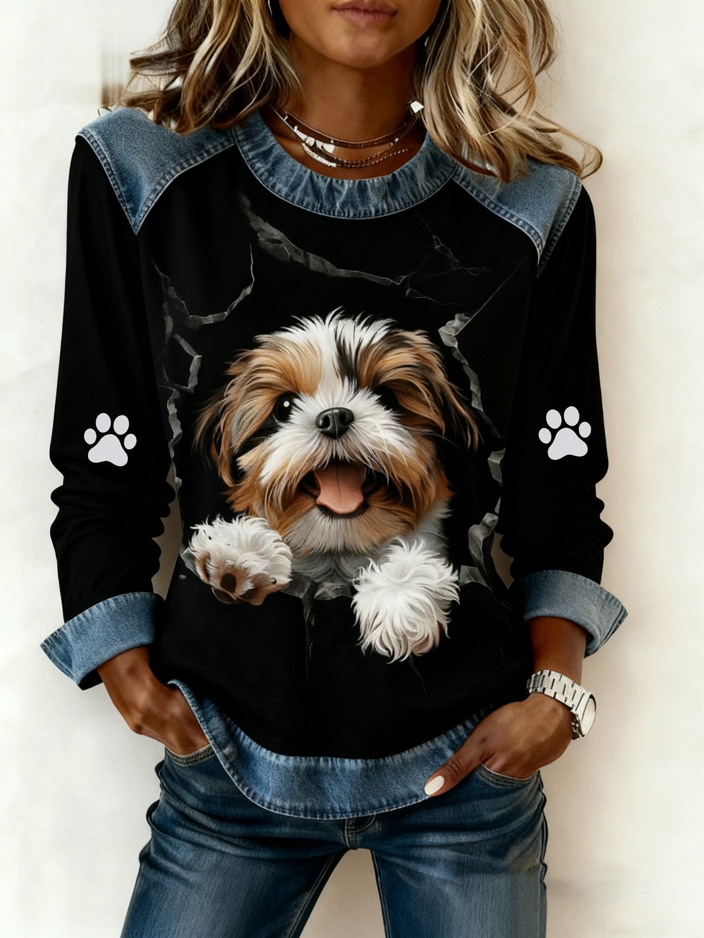 Women's Art Dog Denim Patchwork Sweatshirt