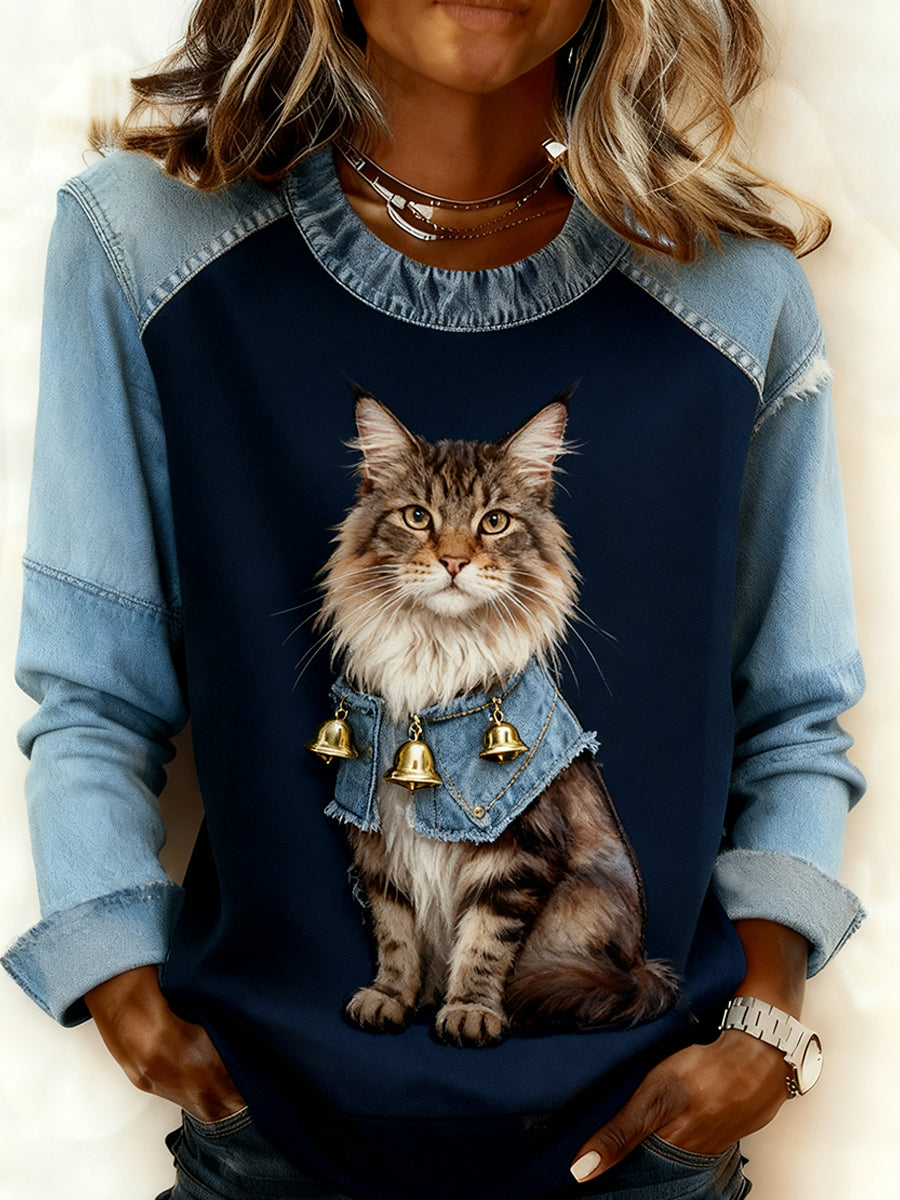 Women's Retro Animal Art Print Comfortable Denim Patchwork Sweatshirt
