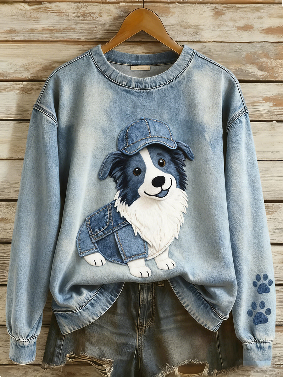Women's Retro Denim Patchwork Animal Art Print Casual Comfort Long-Sleeve Sweatshirt
