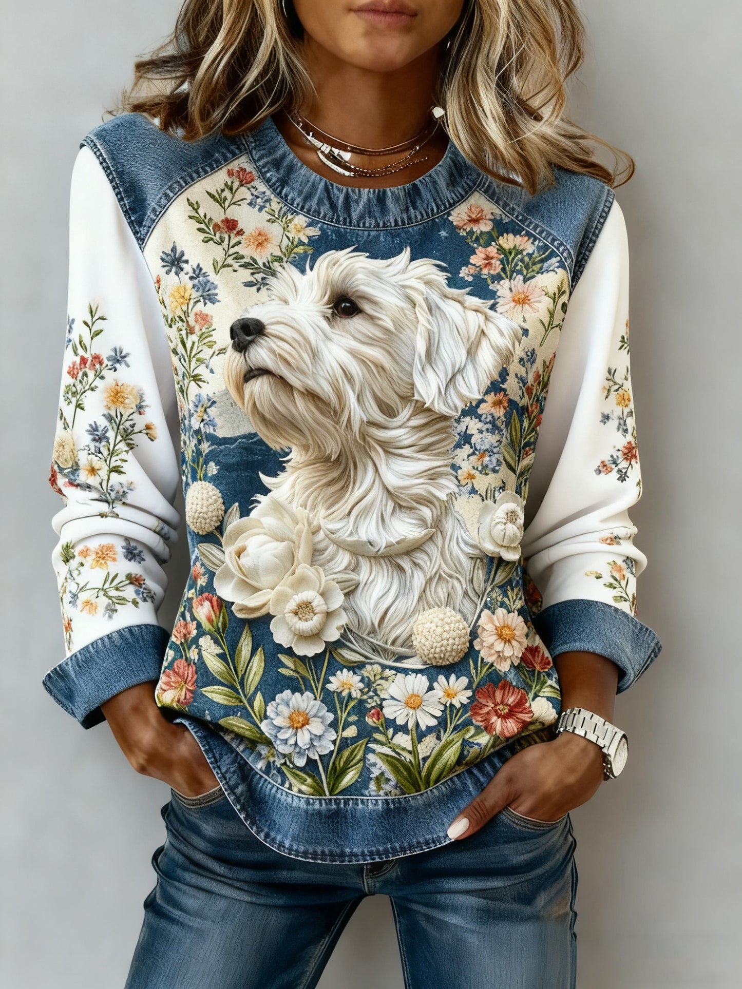 Women's Art Dog Denim Patchwork Sweatshirt