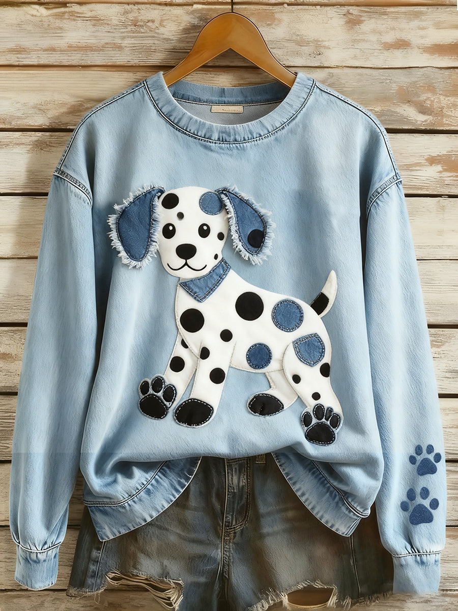 Women's Retro Denim Patchwork Animal Art Print Casual Comfort Long-Sleeve Sweatshirt