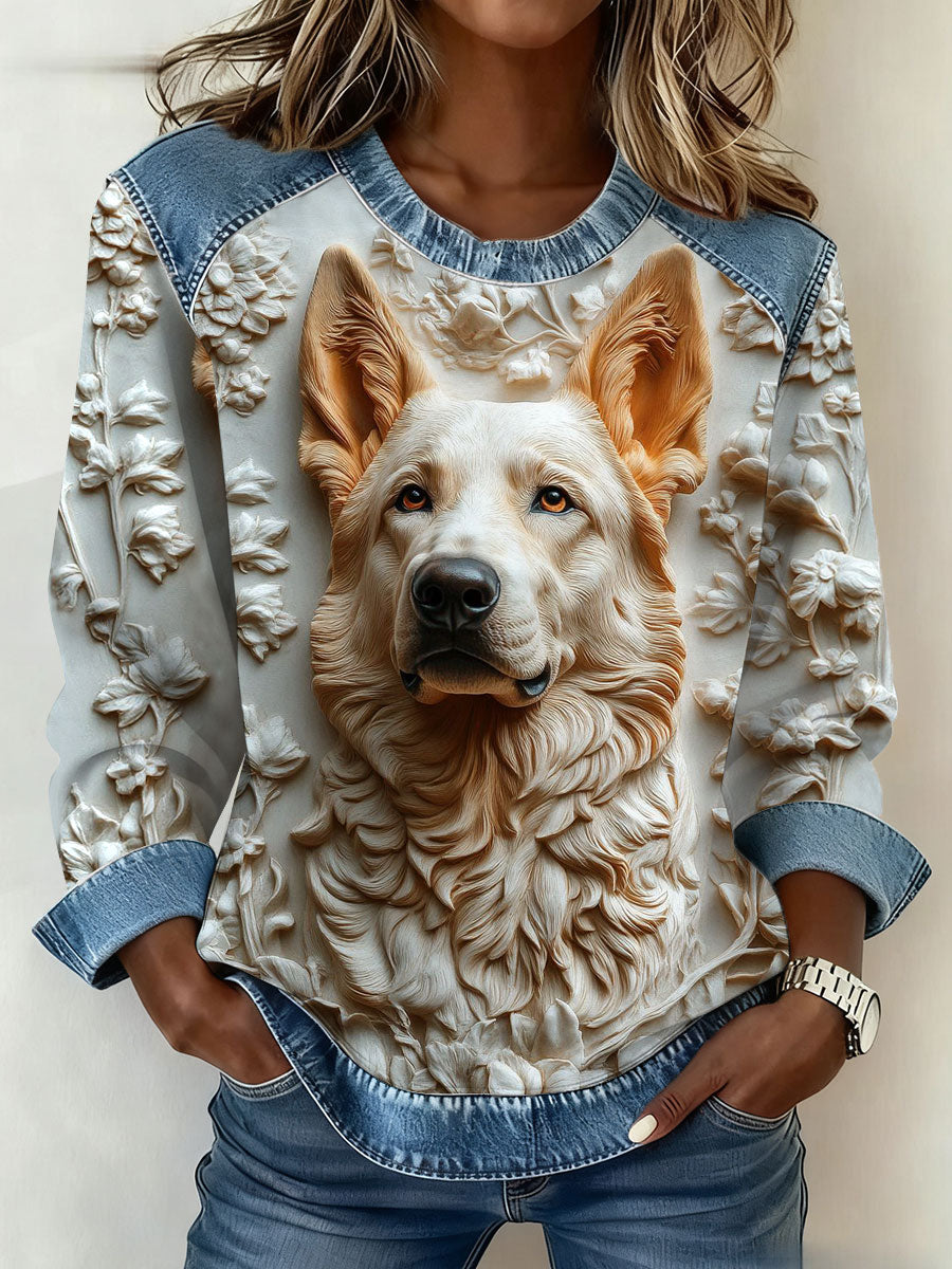 Women's Art Dog Denim Patchwork Sweatshirt
