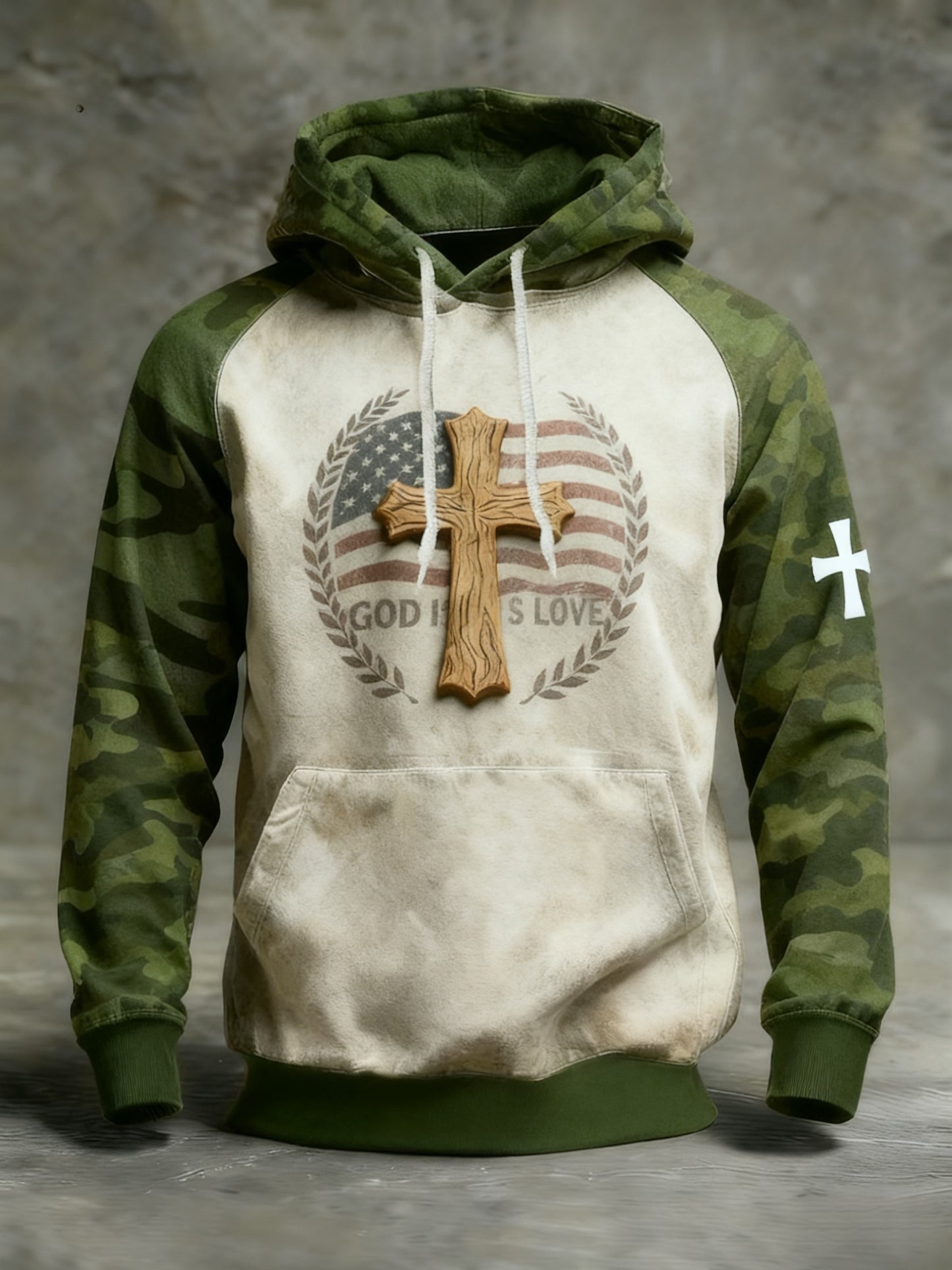 Retro Faith Camouflage Patchwork Print Casual Long Sleeve Pocket Sweatshirt