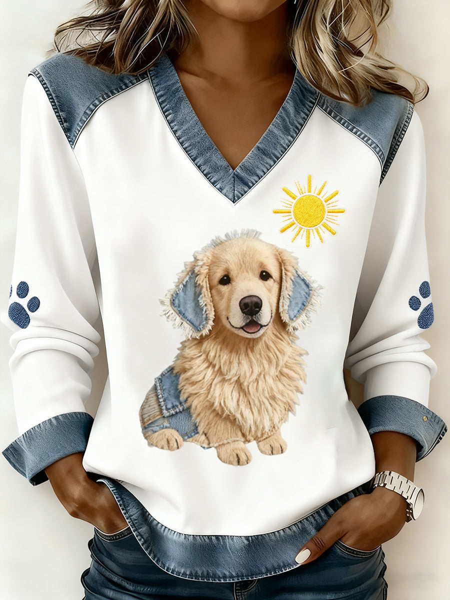 Women's Retro V-neck Denim Patchwork Animal Print Casual Comfort Top