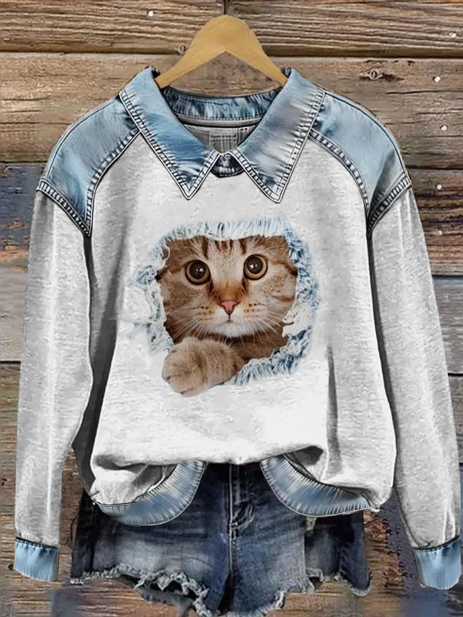 Women's Animal Print Patchwork Lapel Long Sleeved Sweatshirt