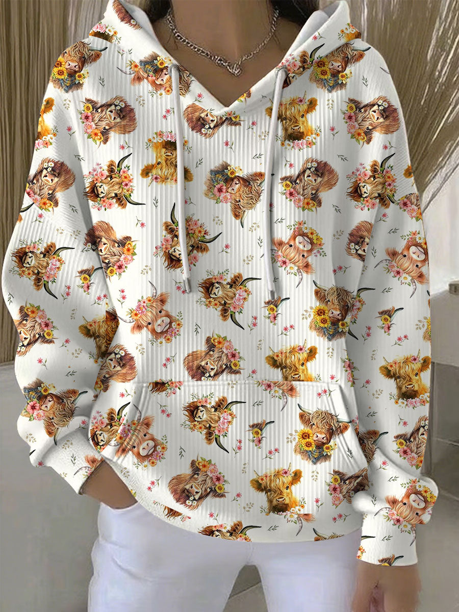 Women's Floral Highland Cow Print Casual Hoodie