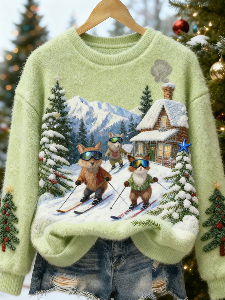 Women's Retro Animal Christmas Art Print Casual Flannel Top